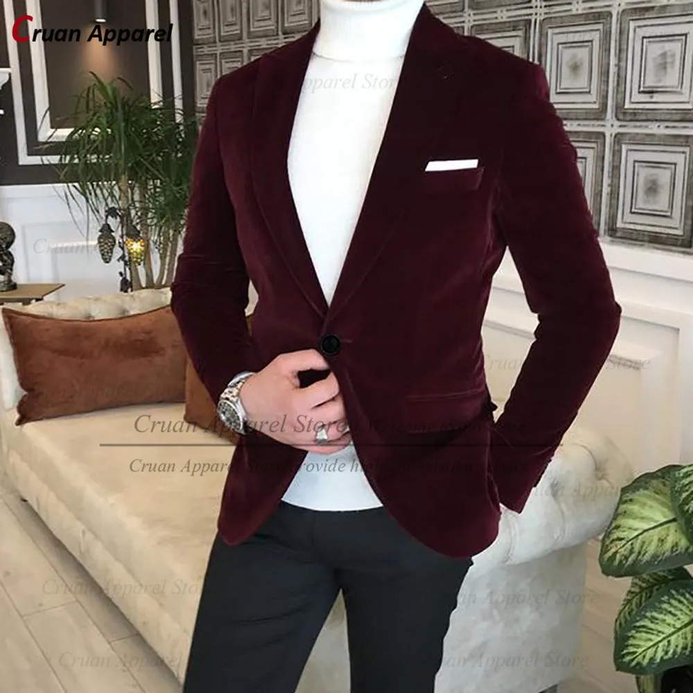 

(One Blazer) Classic Wine Red Velvet Men Blazers Slim fit Wedding Groomsman Groom Suit Jacket Formal Peak Lapel Coat Tuxedo Tops