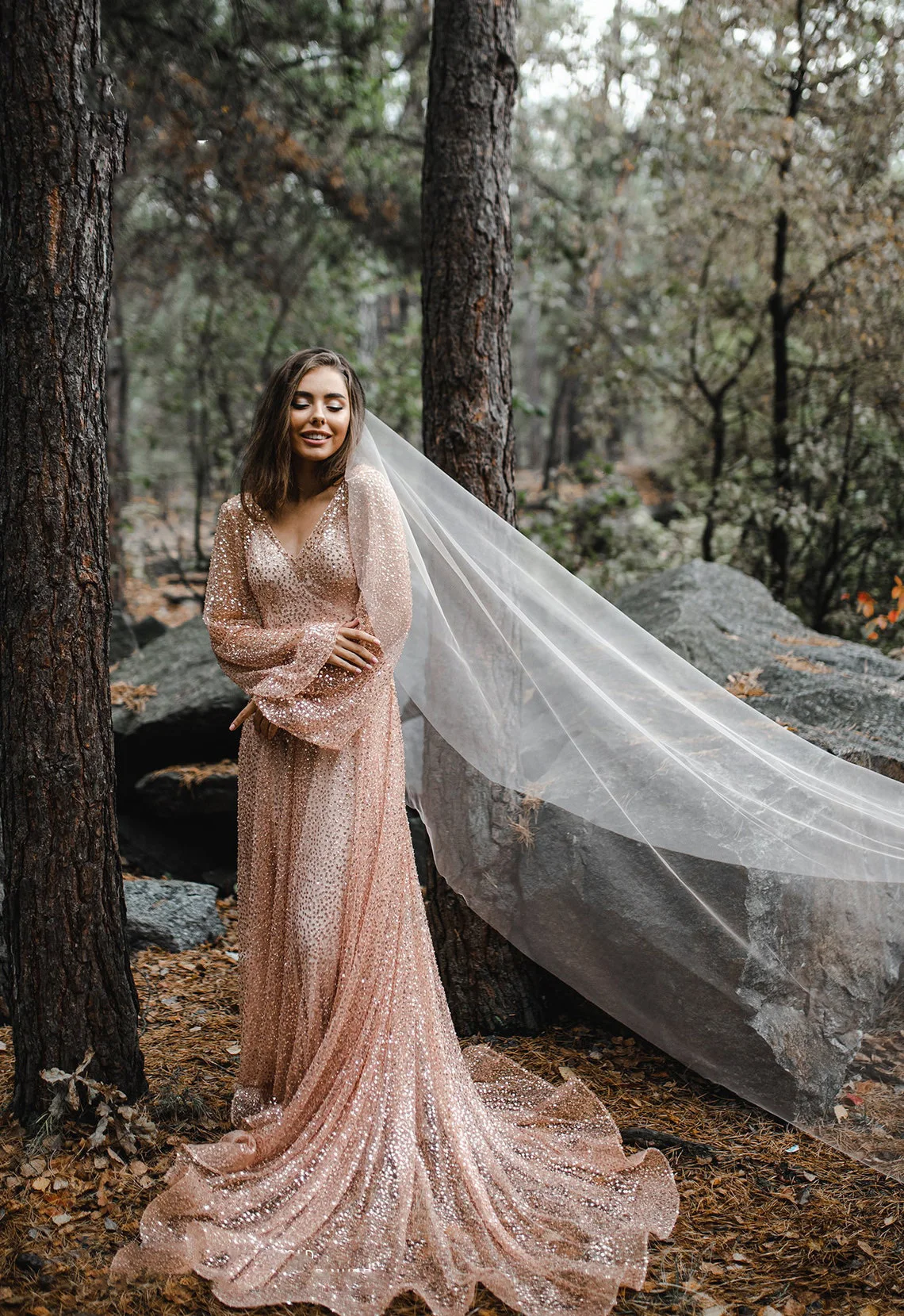 Abito da sera a maniche lunghe con paillettes in oro rosa trasparente abiti da sera scintillanti Sexy con scollo a v in Organza abito da sposa più grande