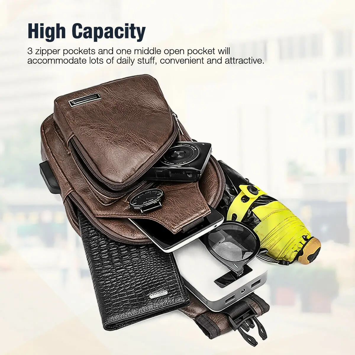 2022 new usb charging chest bag Men Leather Sling Bag Chest Shoulder Crossbody Backpack USB Charging Port Travel