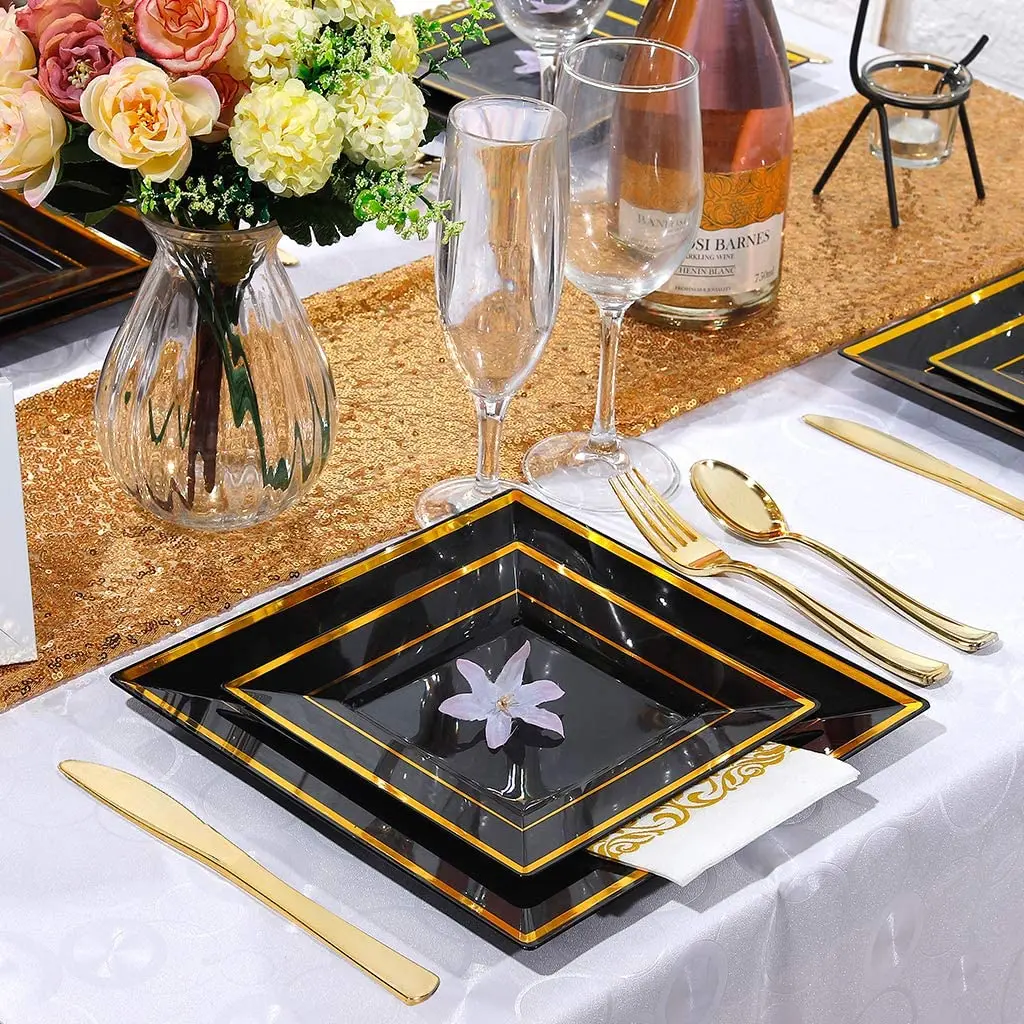 Elegant Disposable Plastic Dinner Plates,Heavy Duty Fancy Square Black with Gold Rim Plastic Salad/Dessert Plates for Party