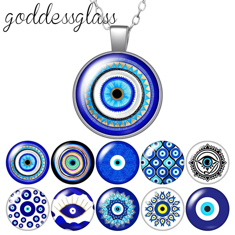 Evil eye patterns religion Faith blue eye Round Glass glass cabochon silver plated/Crystal pendant necklace jewelry for Gift