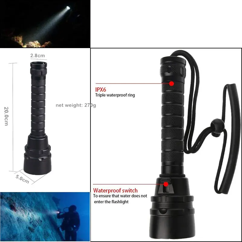 TMWT 10W XML-T6 Super Bright 5 Led 3LED Diving Flashlights Torch 100M Underwater Waterproof Tactical Diving-lights Lantern lamp