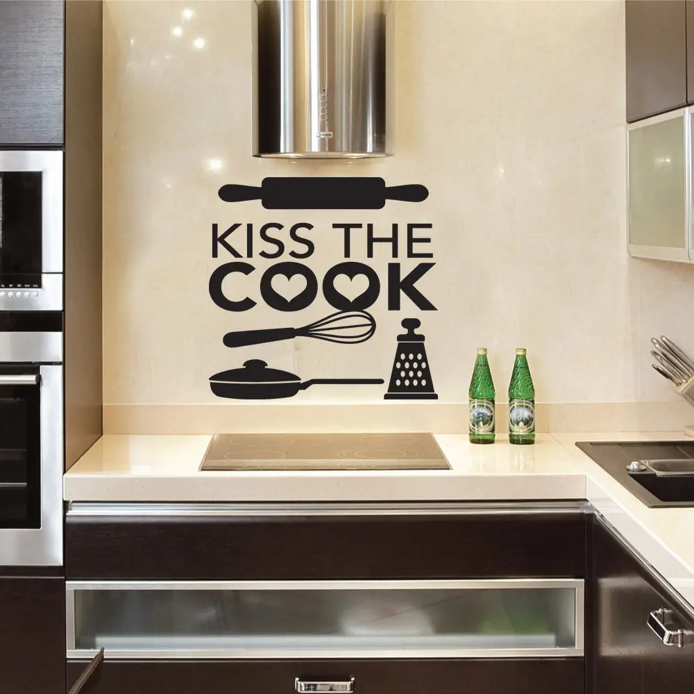 Kiss The Cook Vinyl Wall Decals Home Kitchen Restaurant Wall Stickers Pan Cooking Tools Wall Murals Art Decoration AZ990