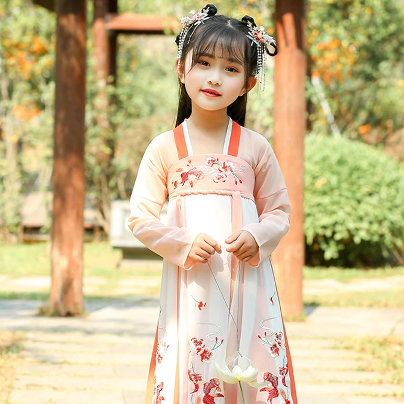 2022 Tang Suit for Kid Chinese Style Costumes Girl Hanfu Dress New Year Spring Festival Skil Flower Print Embroidery Vintage