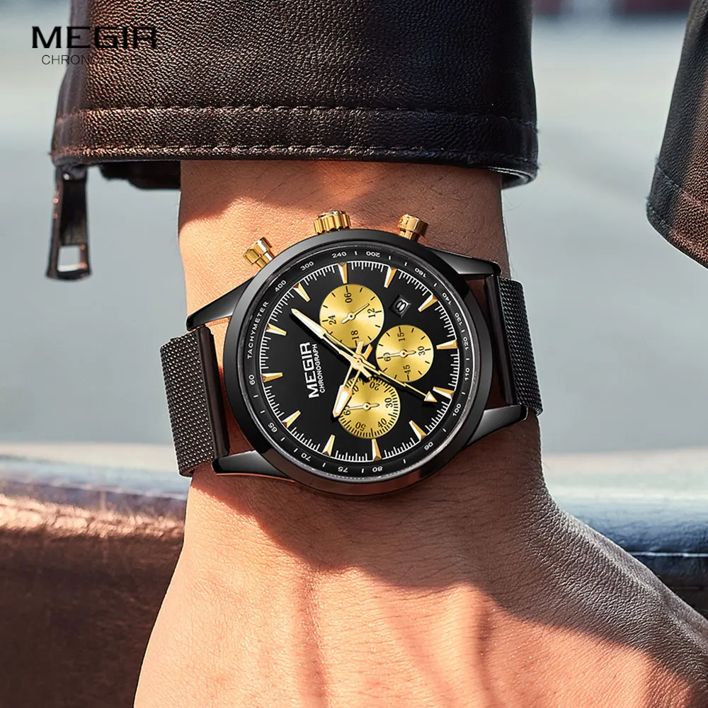 MEGIR Military Sports Watches Men 2020 New Luxury Waterproof Luminous Wristwatch Man Black Gold Mesh Band Chronograph Watch 2153