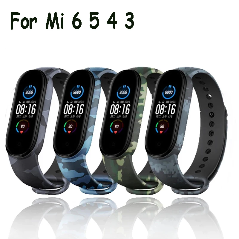 CamouflageซิลิโคนสําหรับXiaomi Mi Band 6 5 4 3 NFCกีฬาสมาร์ทสร้อยข้อมือสีฟ้าสีเขียวเปลี่ยนสายนาฬิกาสําหรับMiband 4 5 6