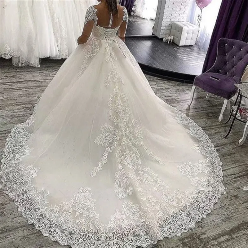 Một Dòng Cổ Tròn Váy Áo Tay Lửng 2020 Ren Táo Đầm Vestido De Noiva Tự Làm Tất Đầm Cô Dâu Với xe Lửa