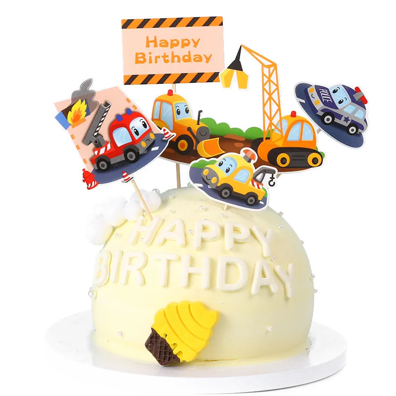 Happy Birthday Cake Plane Car Bus Engineering Vehicle Decor Flag Kids Boys Party DIY Baking Supplies Cupcake Toppers Baby Shower