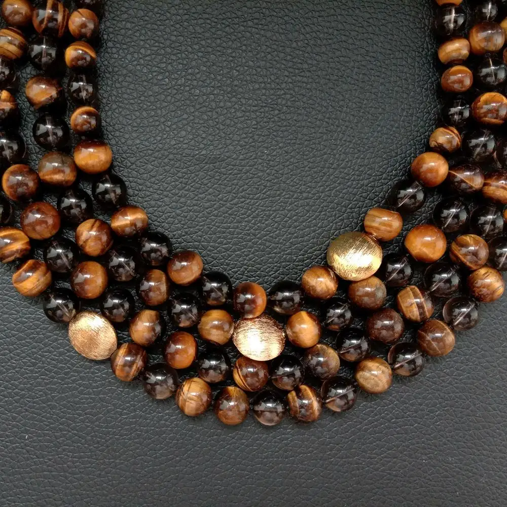YYGEM 18''-21'' 4Strands Natural Smoky Quartz Tiger Eye Round Necklace for women
