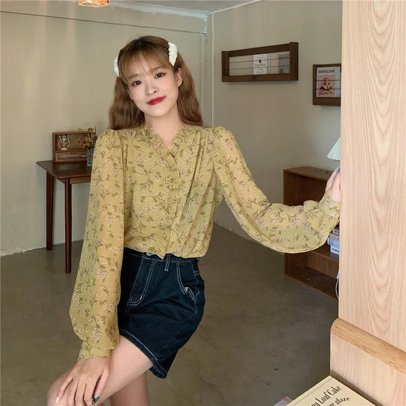 Floral Shirts Women Korean Style Girlish Long Sleeve V-neck Daily Summer All-match Students Lady Tender Fashion Casual Female