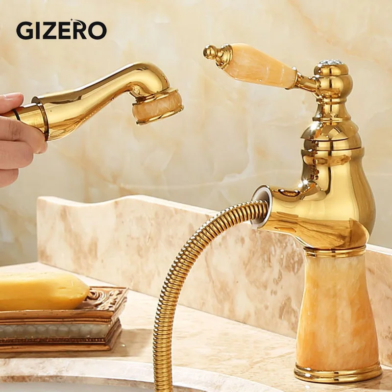 Basin Pull Out Faucet Golden Polish Marble Stone Luxury Bathroom Sink Mixer Tap Deck Mount Gold Faucet Mixer Crane ZR490