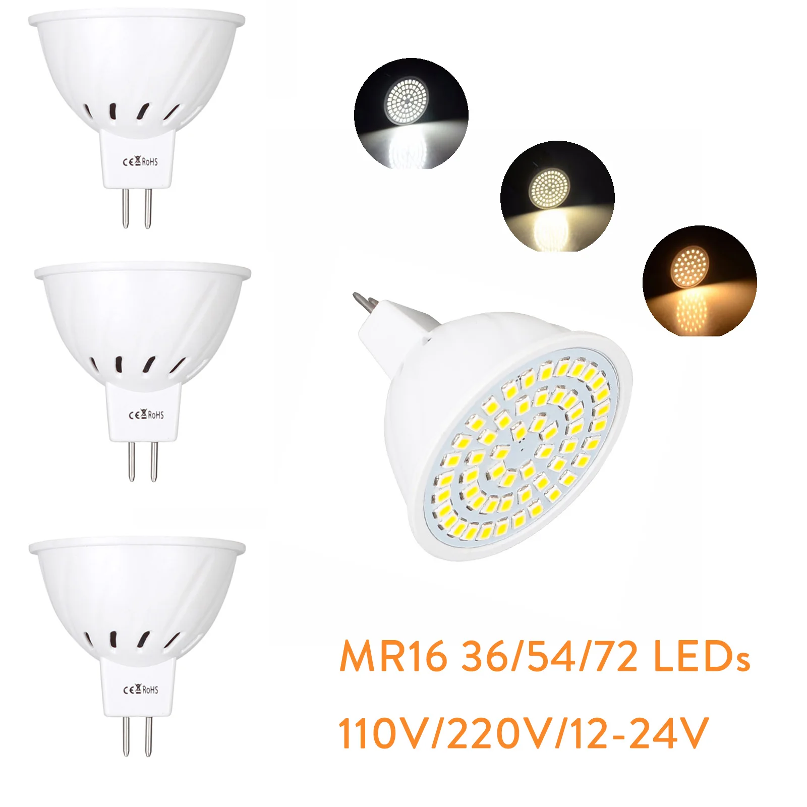 MR16 12V-24V LED Bulbs Light 220V SMD 2835 Led Spotlights 4W 6W 8W 36 54 72LED Warm Cold Warm White MR 16 Base LED Lamp For Home