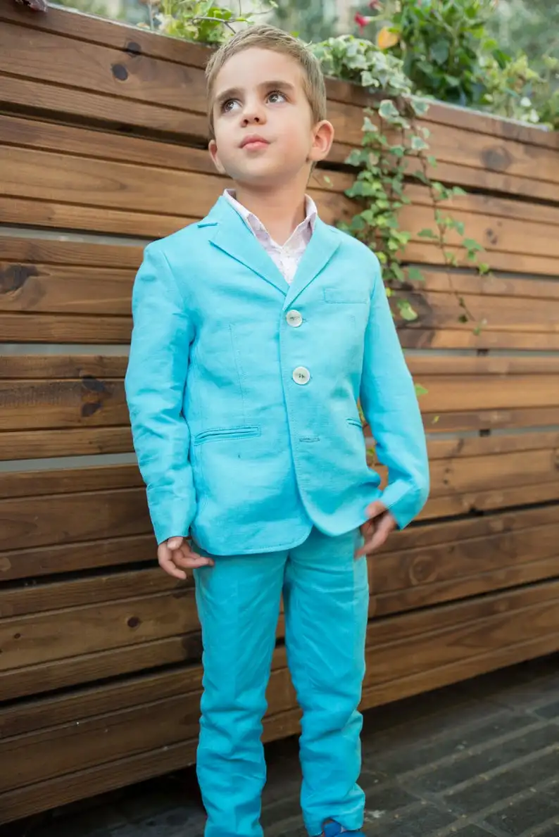 Blauw Linnen 2020 Knappe Jongens Formele Kleding Jas Broek 2 Stuks Set Suits Voor Bruiloft Diner Kinderen Kids Smoking