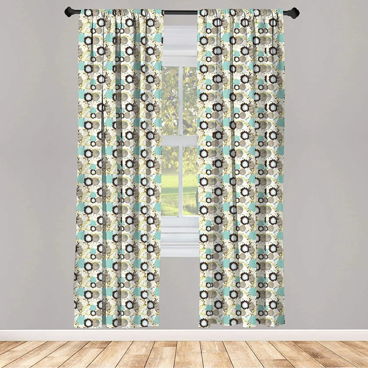 Flower Window Curtain Floral White Background with Blue and Brown Dandelions Leaves Swirls Artwork Print Lightweight Decorative