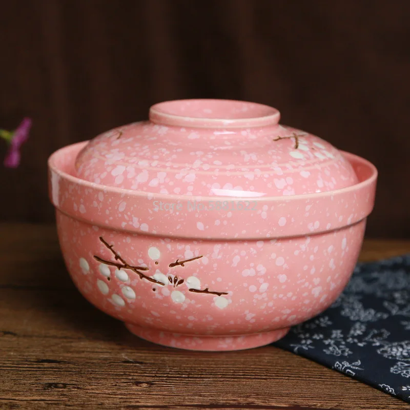 6.5 Inch Japanese Creative Hand-painted Ceramic Tableware Cover Bowl Household Instant Noodle Bowl Insulated Soup Bowl with Lid