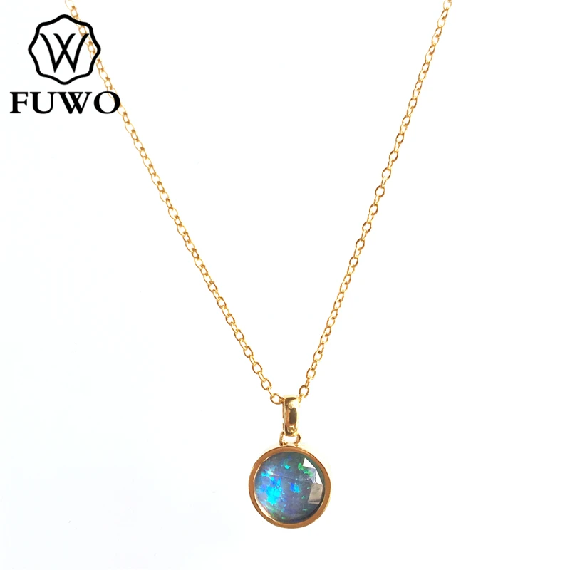 FUWO Carved Round Opal Pendant Necklace With Golden Trimmed High Quality Synthetic Blue Opal Jewelry Wholesale NC257