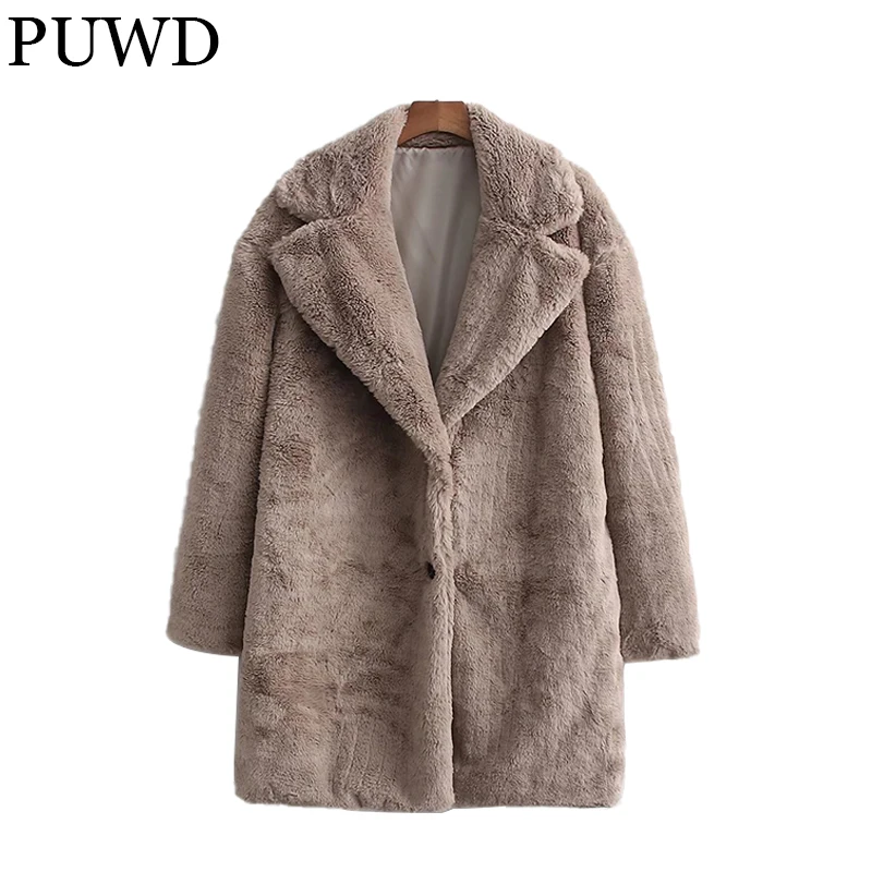 PUWD Vintage Women Fake Fur Coat 2021 Autumn Winter Casual Warm Solid All-match Oversized Jacket Loose Female Chic Thick Outwear