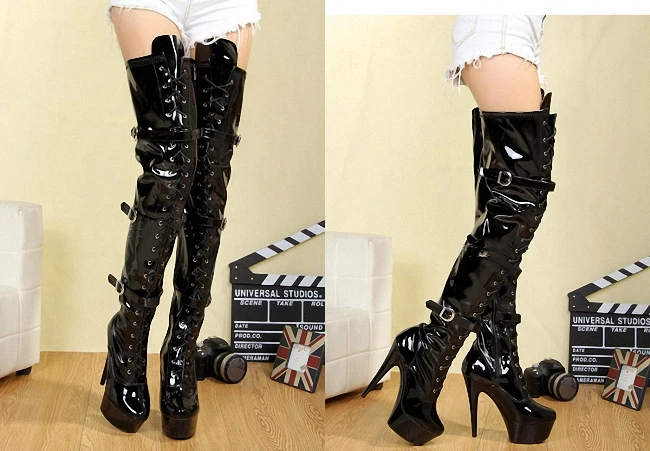 Sexy nachtclub riem, Pole Dance platform, lakleer gesp, 15CM hakken, stiletto's, Stripper, knie-hoge, blauw, lang, nieuwe Fetish schoenen Gothic Punk Schoenen Clubbing gevecht schoenen Exotische Danser Schoonheden