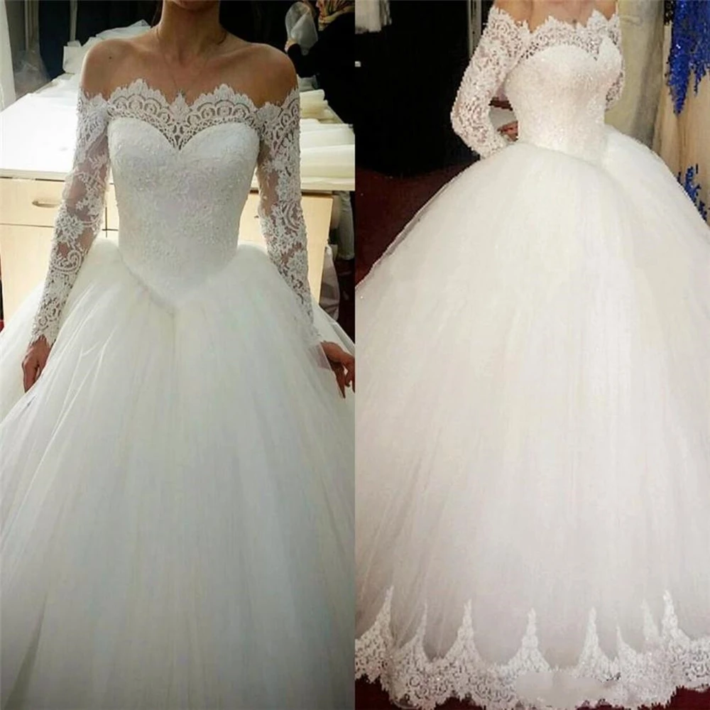 Off the Shoulder Ball Gown Wedding Dresses Elegant Wedding Gowns Beautiful Long Sleeve Bateau Lace Applique Bridal Dresses