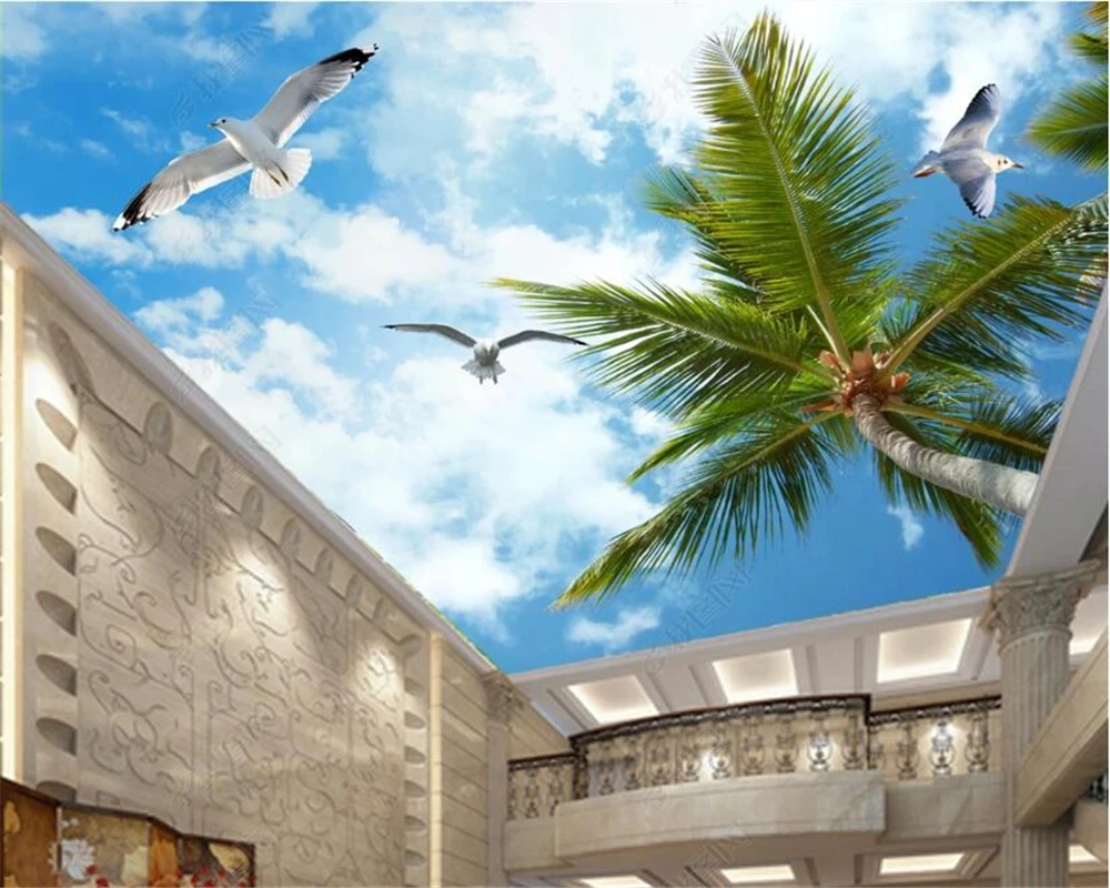 

Customized Wallpaper 3d Beautiful Blue Sky White Clouds Coconut Sea Bird Sunshine Ceiling Mural Living Room Decoration Painting