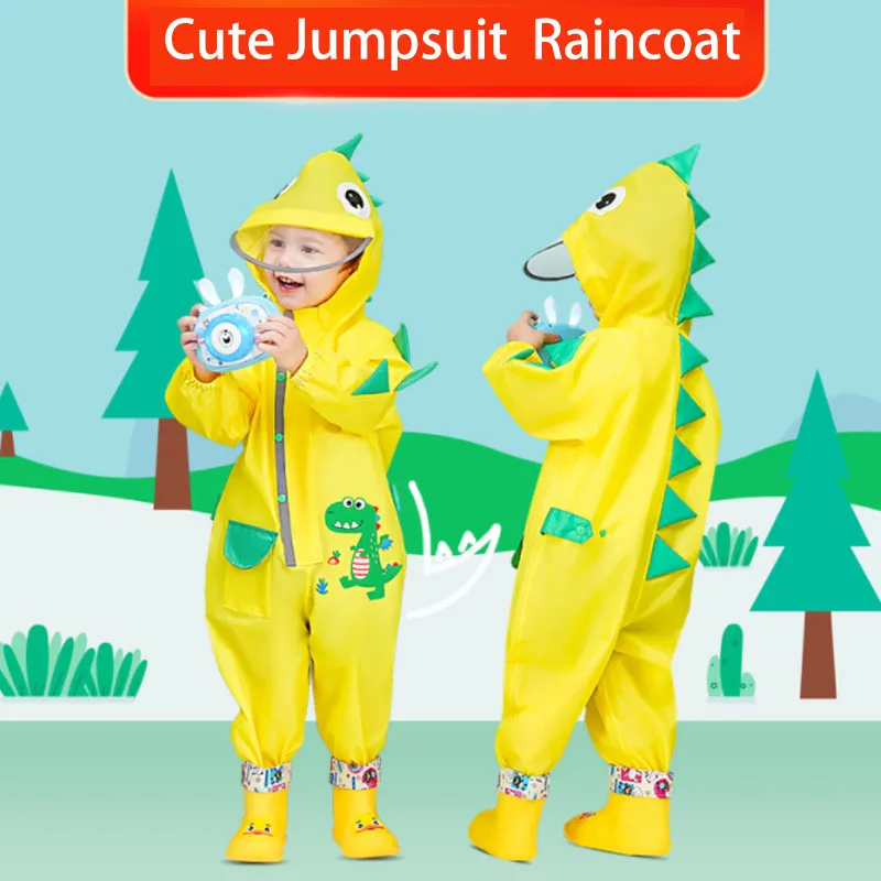 Waterproof Children Raincoat Transparent Big Brim Hooded Jumpsuit Rain Gear Boys Girls One-Piece Cartoon Dinosaur Rainwear Pants