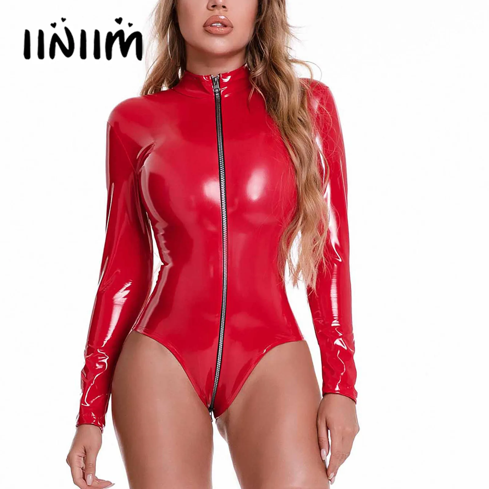 Dames Natte Look Lakleer Rave Outfit Voor Paaldansen Mock Hals Glanzende Lange Mouw Bodysuit Rits Latex Catsuit Clubwear