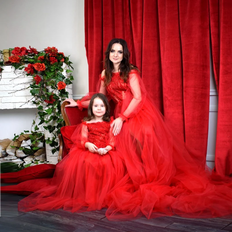 

2022 Evening Dresses A-Line Mum and Child Party Dresses for Photoshoot Red Lace and Tulle Mother Daughter Matching Prom Gowns