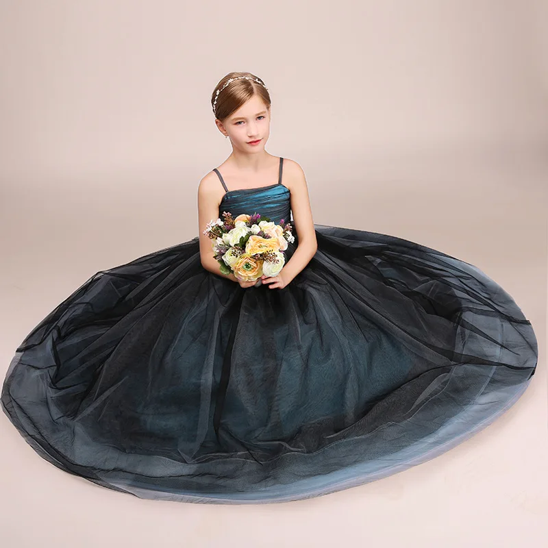 Dideyttawl Maßgeschneiderte Tüll-Spaghettiträger, Blumenmädchenkleider für Hochzeit, Kinder, Mädchen, langes formelles Geburtstagsparty-Kleid, Prinzessin