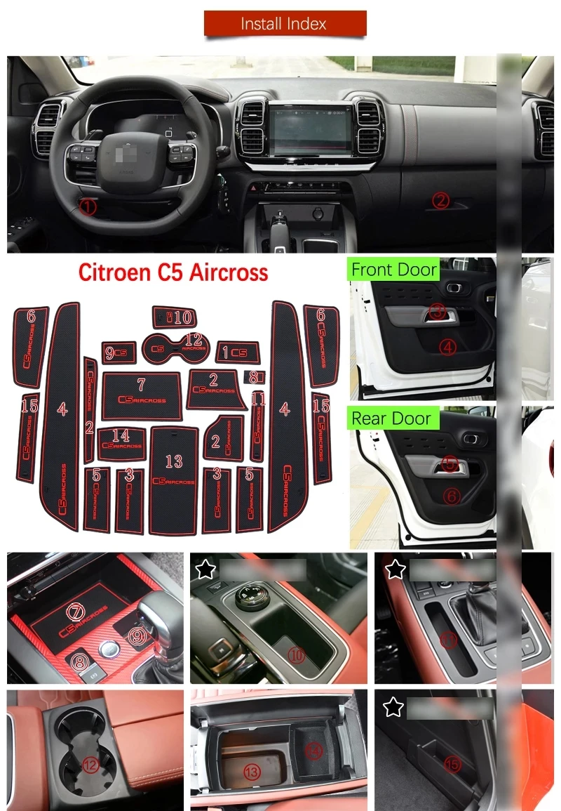 For Citroen C5 Aircross 2017 2018 2019 2020 2021 Car Accessories Interior Rubber Door Mat Anti-Slip Cup Pad Gate Slot Pad 22pcs