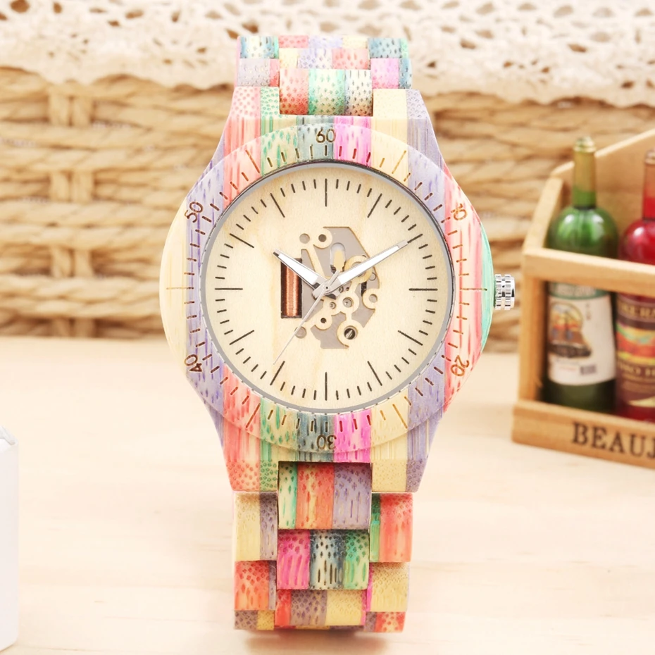 Colorful Wooden Watch for Male Unique Skeleton Movement Dial Wooden Watches for Men Handmade Full Wooden Band Quartz Wristwatch