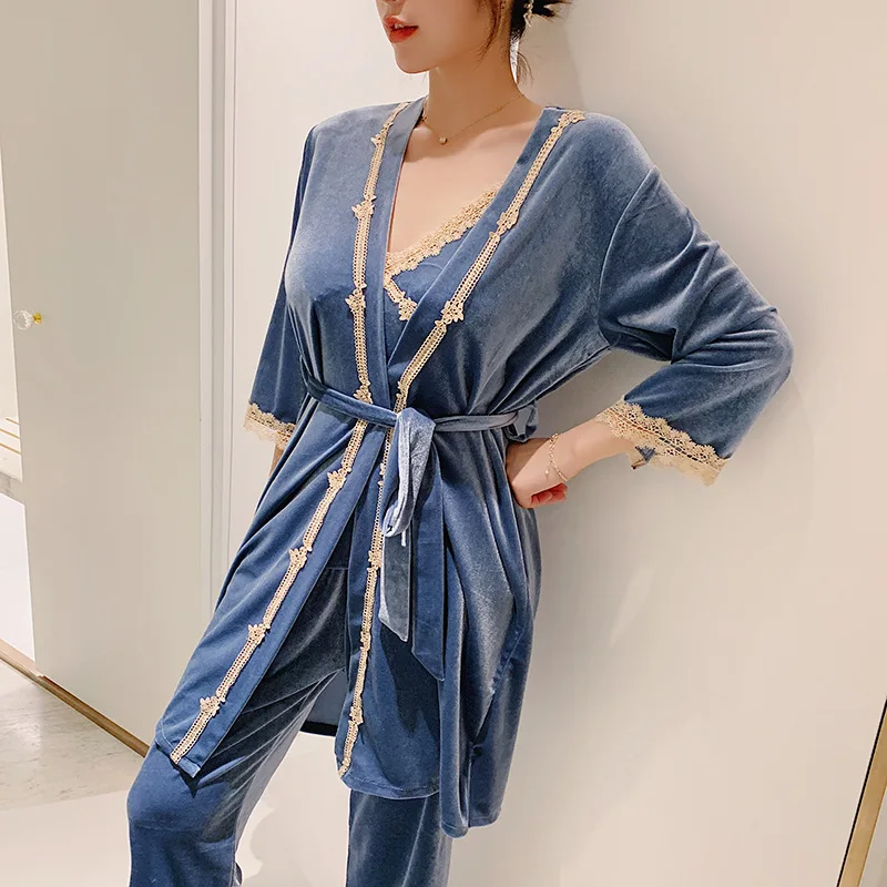 

Korean Pleuche Pajamas Suits 3PCs Women's Spring Autumn Long Sleeves Lace-Up Night-Robe Home Wear Beauty Charming Ladies Elegant