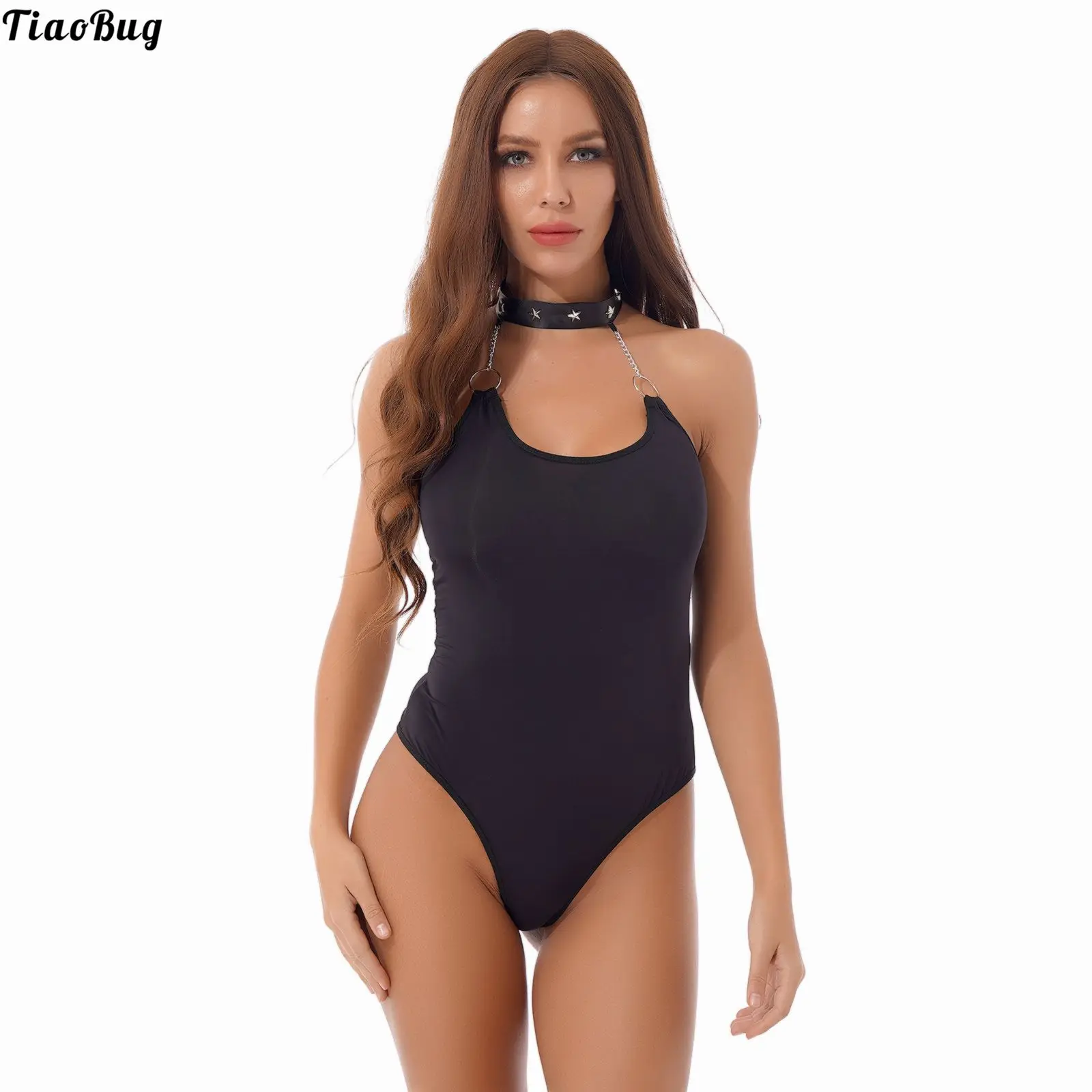 TiaoBug Women Halter Neck O Ring Chain Swimming Bodysuit Sleeveless Backless Stretchy Leotard One-Piece Bathing Beach Swimsuit