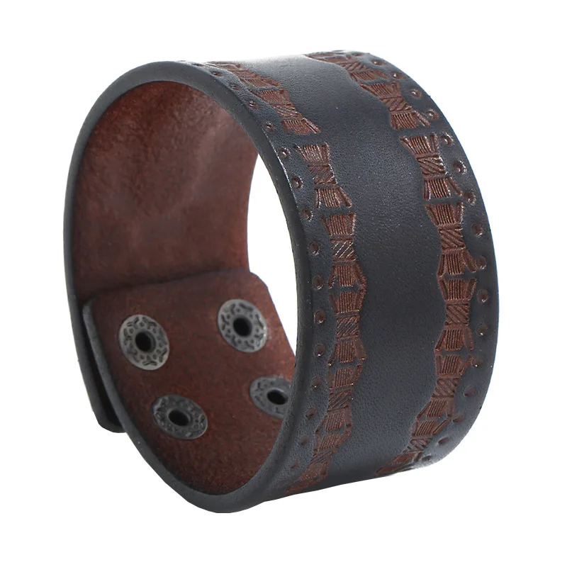 Retro Brown Wide Cowhide Bracelet Punk Style Genuine Leather Bangles Women Men Ethnic Wristband 2023 Fashion Jewelry