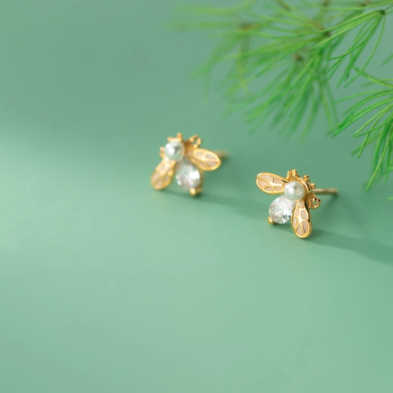 

925 Sterling Silver Diamond Zircon Golden Color Bee Earrings Female Simple Cute For Women Gift G4103