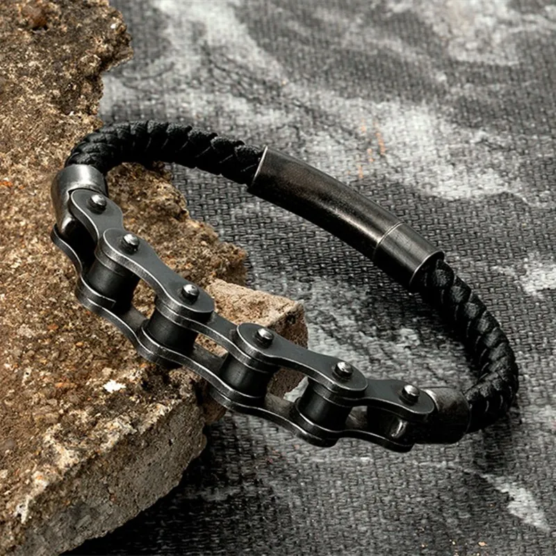 MKENDN Vintage Oxidized Black Stainless Steel Men Bracelet Cycling Bicycle Chain Link Men's Bracelets & Bangles Leather Jewelry