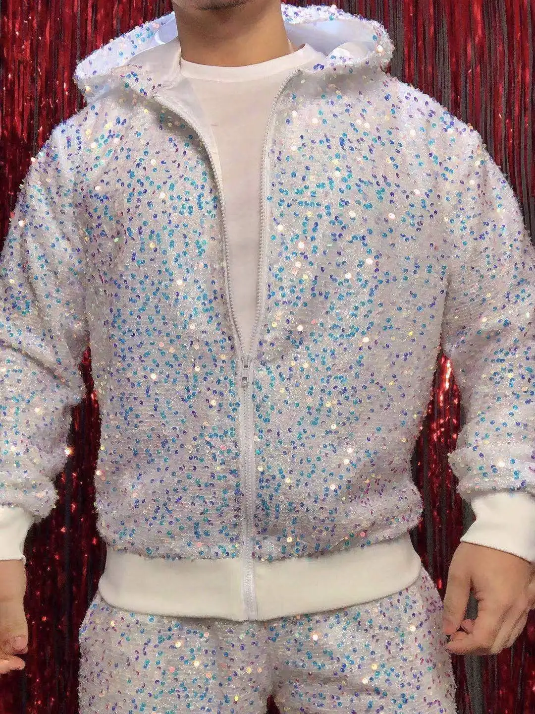 Heren Jazzdanskostuum Glitter Pailletten Capuchon Broek Set Hip Hop Street Dance Outfit Nachtclub Party Stage Show Kostuum