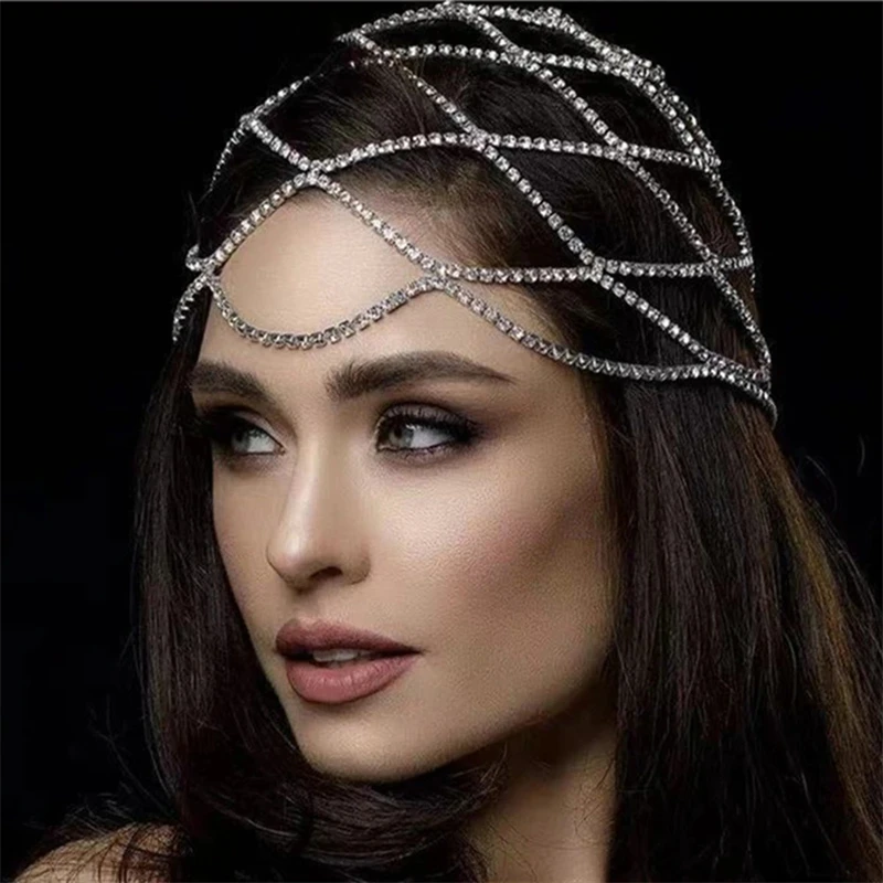 2021 Hollow Rhinestone Mesh Headpiece Wedding Head Chain Jewelry for Women Luxury Crystal Headband Head Cap Hat Hair Accessories