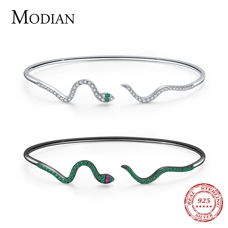 MODIAN Luxury Sparkling Black Snake Bracelet 925 Sterling Silver Punk Adjustable Zirconia Bangle For Women Party Fine Jewelry