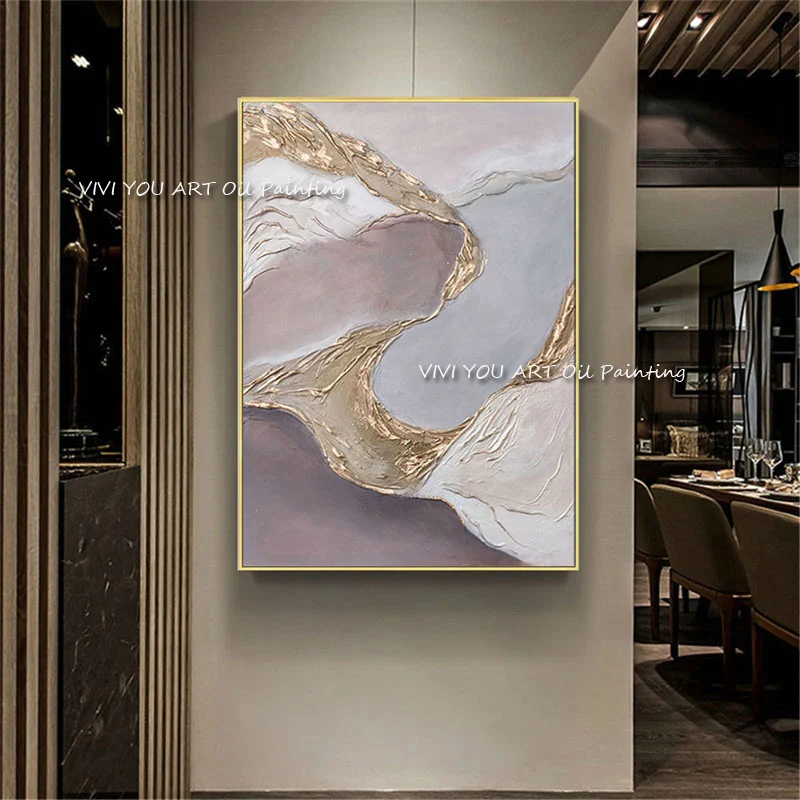 The Original Abstract Modern Pink Gold Gray Thick Oil Painting Handpainted Textured Brush Wall Best Drawings Gift for Friend