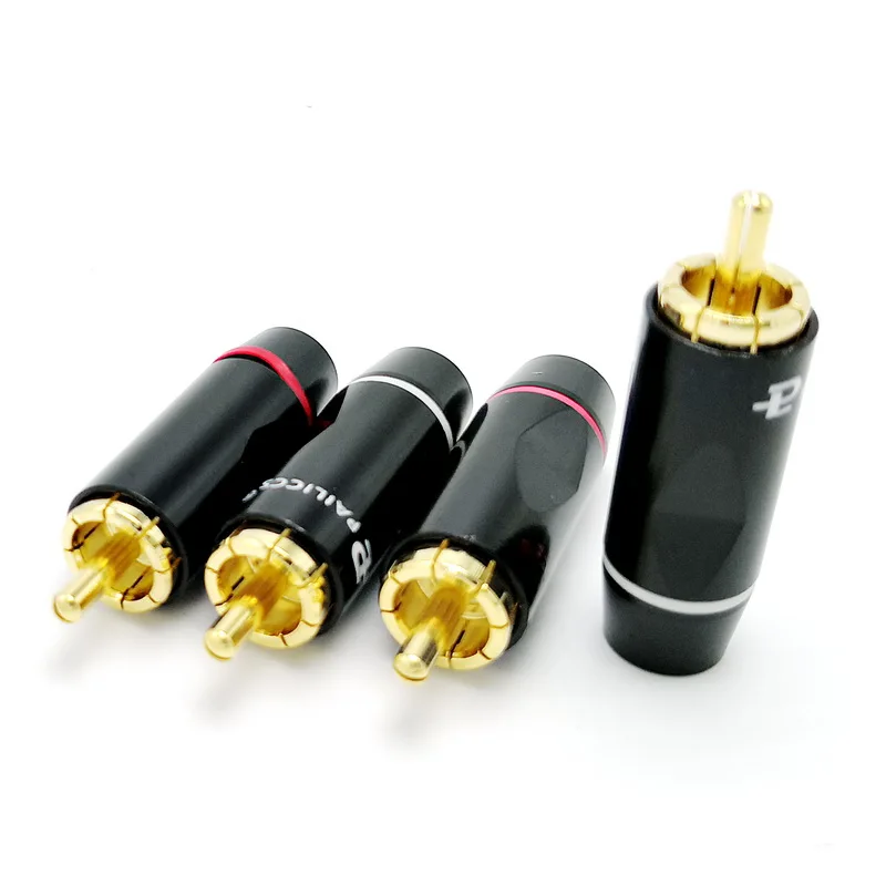 Chapeamento de ouro de Cobre plug Cabo conector RCA De Áudio E Vídeo Conector De Fios para 6 milímetros 4 pçs/lote