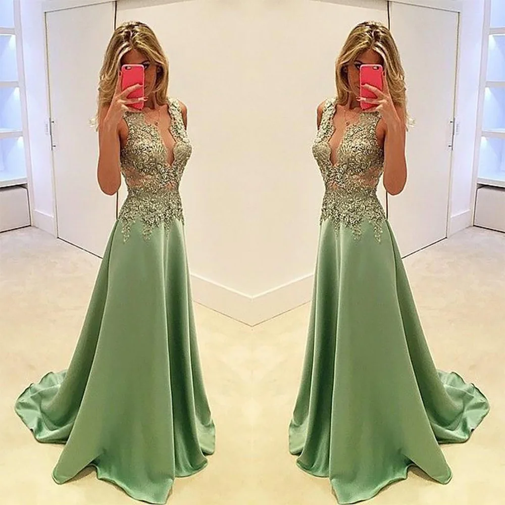 

Girls Pageant V-Neck Prom Party Gown Custom Sleeveless Satin Floor-Length A Line New Applique Evening Dresses