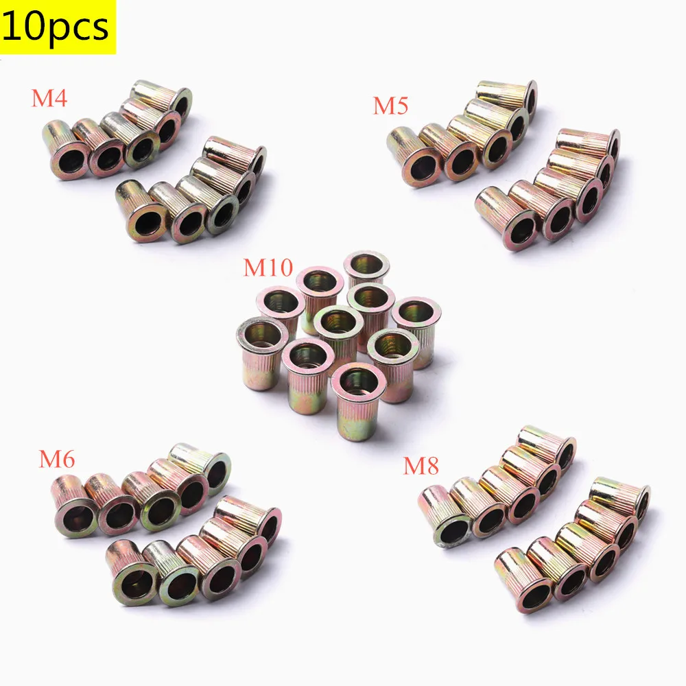 10 PCS Rivet Nuts Zinc Plated Carbon Steel Knurled Nuts M4 M5 M6 M8 M10 Flat Head Threaded Rivets for Hardware Fasteners Tools