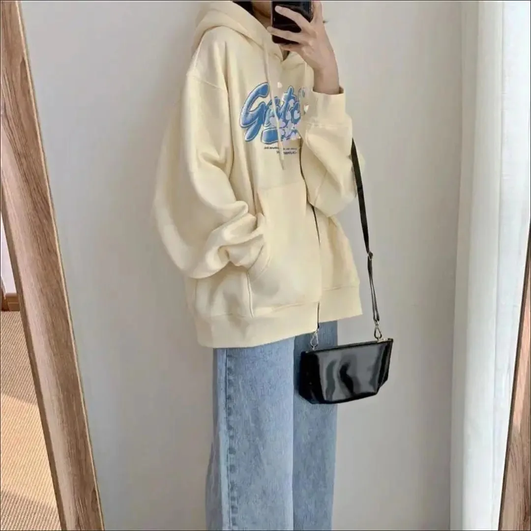 Heart Letter Print Vintage Hoodies With Pocket Women Thin Sweatshirts Hooded 2024 Autumn Female Teen Girl Oversize Top Aesthetic