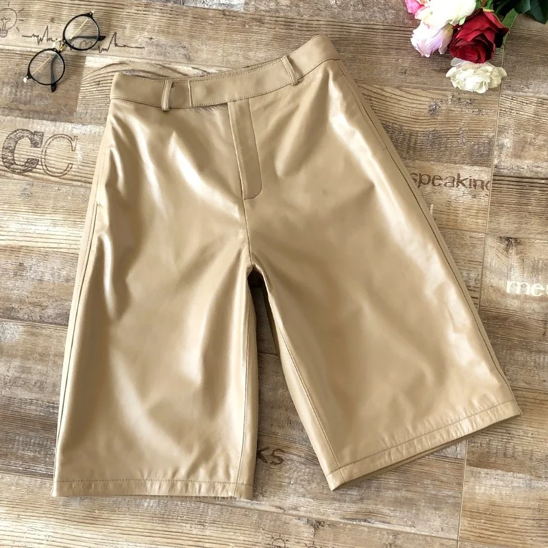 Women New High Waist Wide Leg Shorts Ladies Loose Fit Casual Knee Length Trousers Streetwear High Quality Genuine Leather Shorts