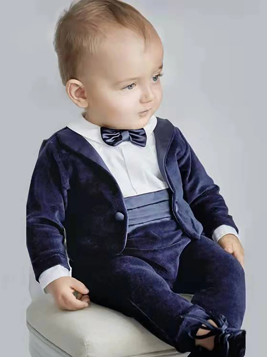 Autumn Winter Children Boutique Clothing Baby Boy Rompers Long Sleeve Velvet Jumpsuit Gentle Boy Birthday Prince Suit Handsome