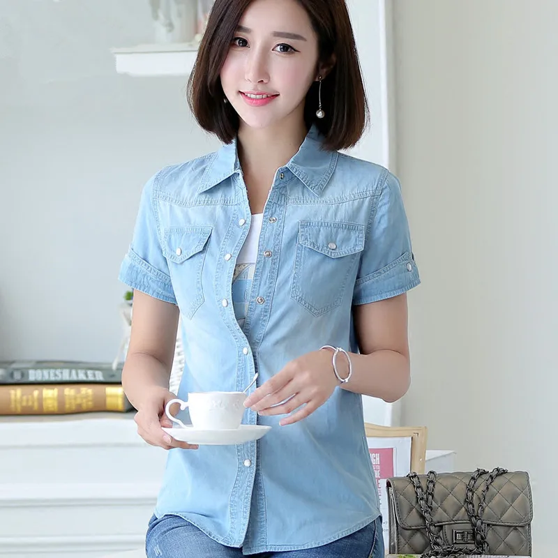 S-3XL Women Denim Shirt Summer New Fashion Casual Short-sleeve Buttons Slim Thin Tops Blouse Girl Student Cotton Shirts Female