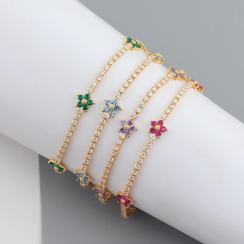 Spring New Arrived Fashion Party Jewelry Prong Set 5A CZ Tennis Chain Rainbow Daisy Flower Charm Colorful Rainbow Bracelet