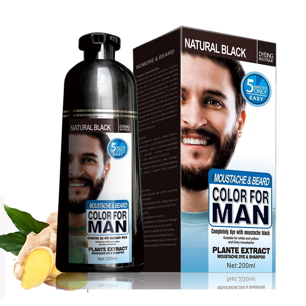 Mokeru 3Pcs/Lot 200ml Natural 2 in 1 Fast Permanent Hair Color Black Beard Black Dye Shampoo For Men 100% Gray Coverage