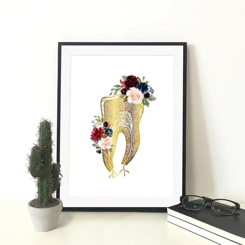 Human Tooth Anatomy Medicine Art Canvas Painting Medical Student Gift Tooth And Flowers Poster Prints Doctors Office Wall Decor