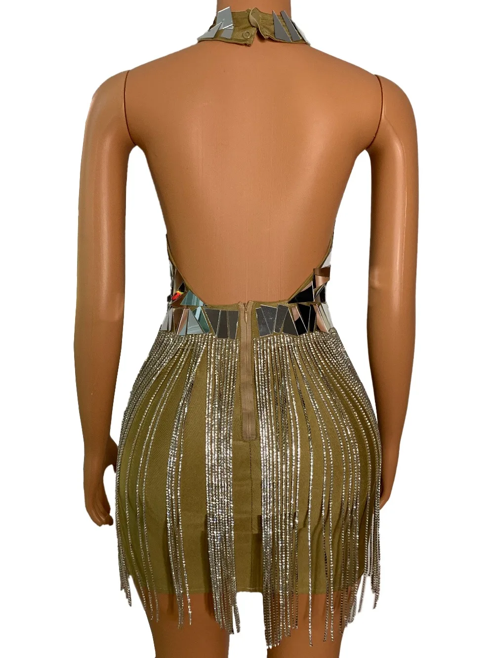 Vestido Sexy sin espalda con borlas de cristal y espejo plateado para mujer, vestido corto de noche para celebridades, fiesta de cumpleaños, disfraz de cantante de Bar